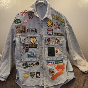 Embroidered Patch Button Up Long Sleeve Denim Jacket Shacket Hip Hop Streetwear